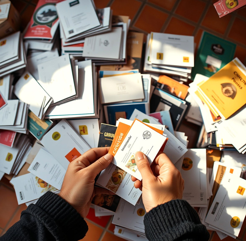 Manos organizando muestras de carteles, tarjetas y etiquetas en el mostrador