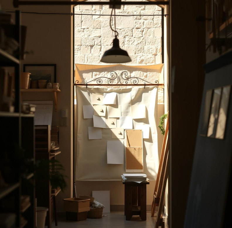 Interior del taller con mostrador y papeles de muestra