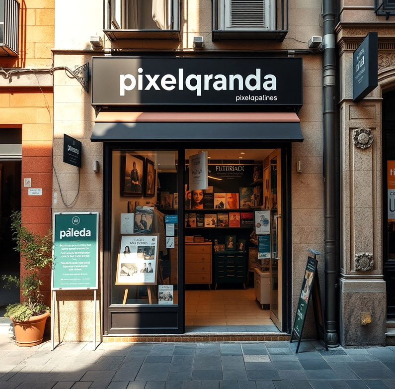 Entrada del taller en Barcelona con carteles en el escaparate