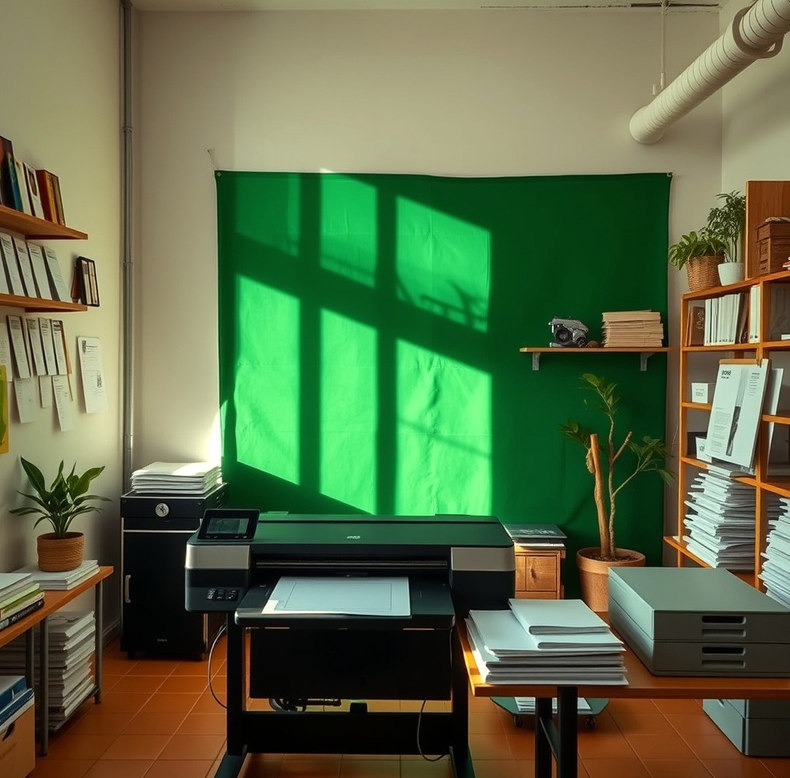 Taller de impresión con papeles ordenados y mostrador verde esmeralda