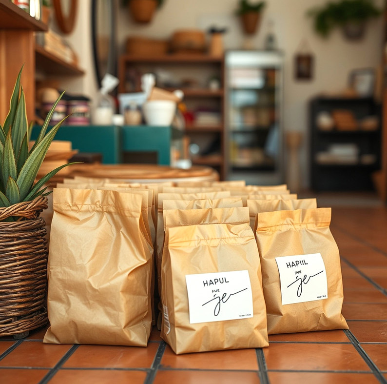 Etiquetas de papel personalizadas agrupadas junto a paquetes de regalo