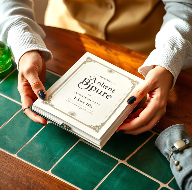 Manos abriendo una libreta personalizada con detalles verde esmeralda